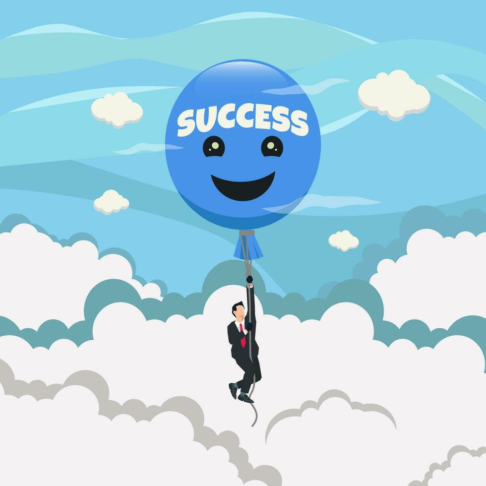 Businessman flying with blue balloon and happy emoticon. Success business concept vector illustration