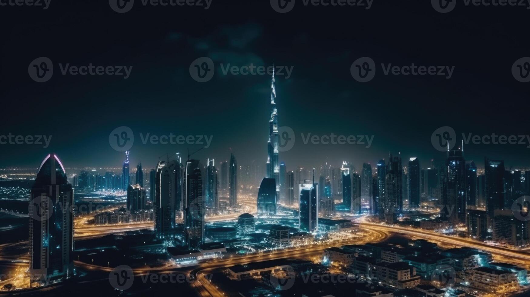 Dubai, UAE Cityscape at Night with Lights Overlooking the Burj Khalifa. Amazing Tourist Destination, Technology. photo