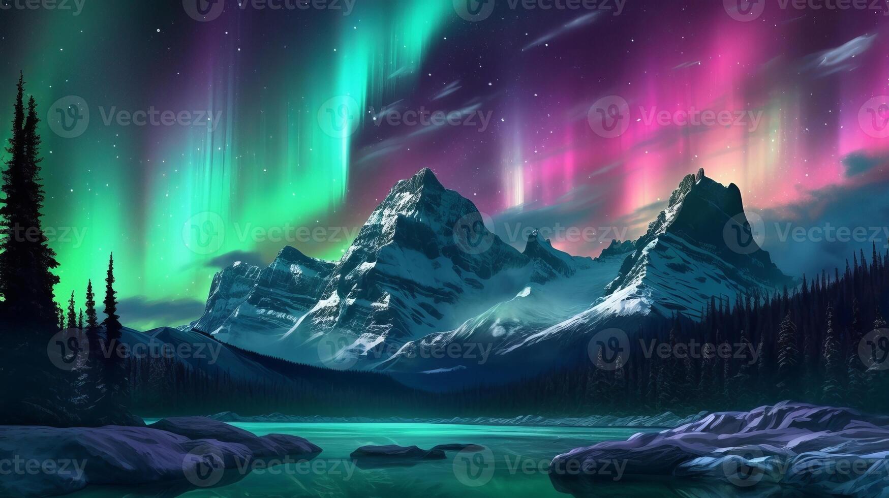 Awful Mountains with Aurora Borealis. Fuchsia Sky Foundation with copyspace. Creative resource, photo