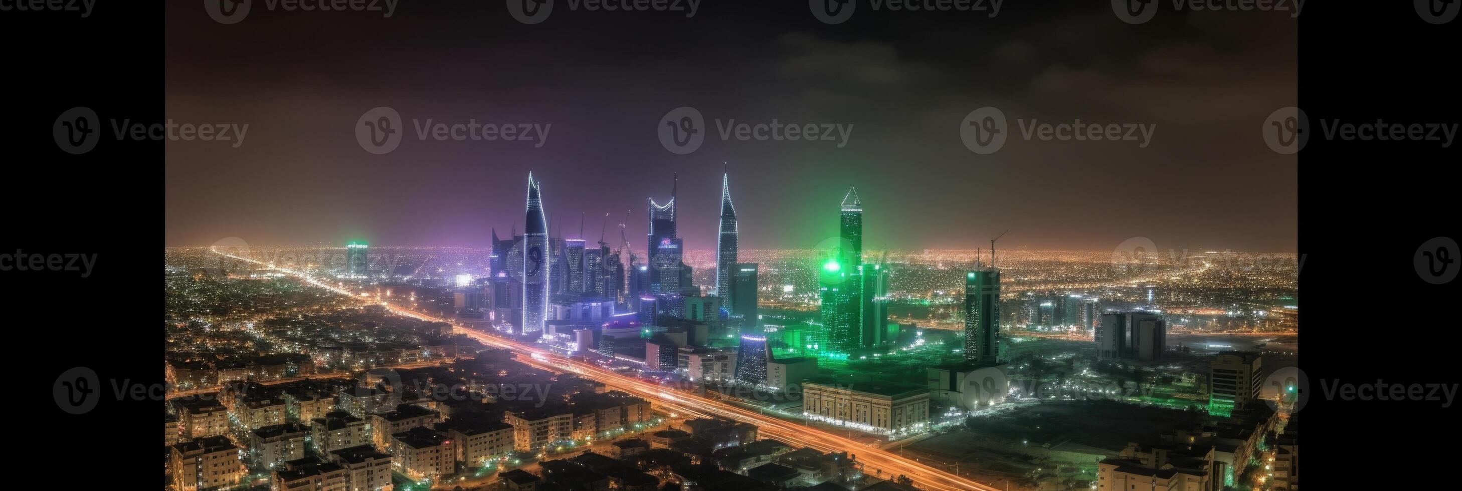 Panoramic Night City Shot of Riyadh Showing Skyline Landmarks, Office and Residential Buildings in South Arabia. Technology. photo