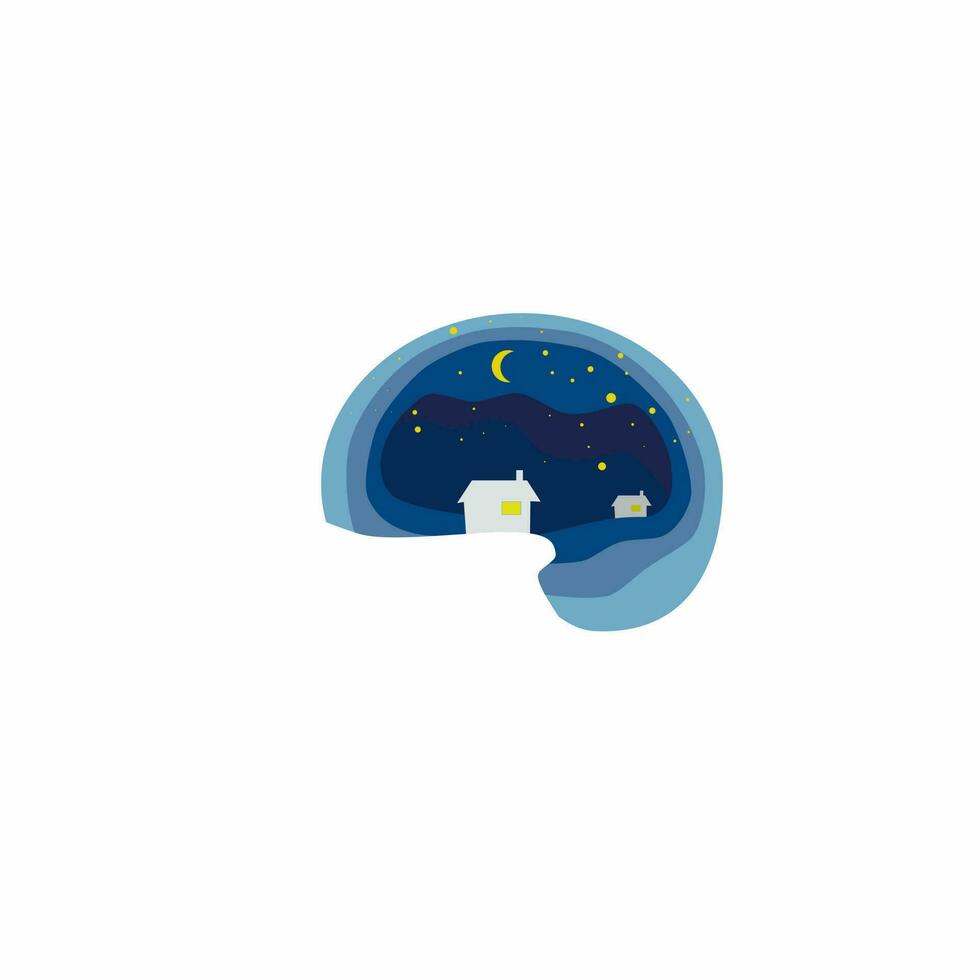 Paper art moon, fluffy clouds, small house and stars in the middle of winter night vector