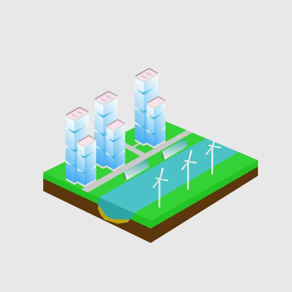 Urban landscape with buildings, skyscrapers and traffic roads, rivers, solar panels, and windmills vector
