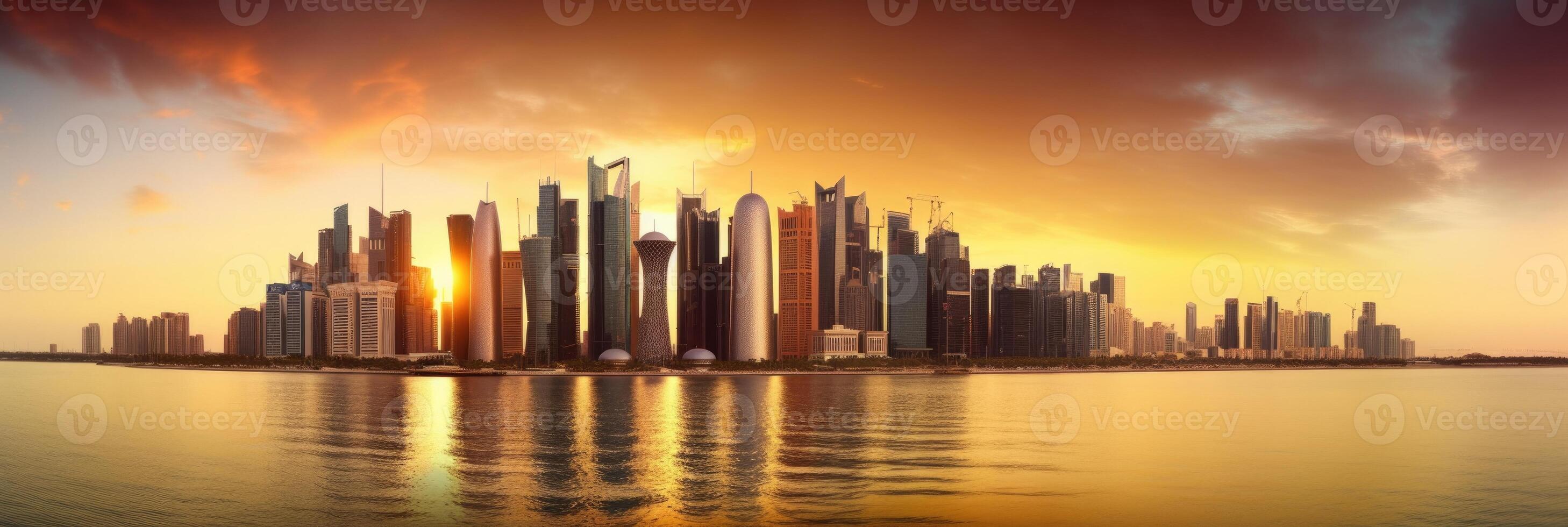 Amazing Panoramic View of Doha City, Qatar Skyline During Sunset or Sunrise. Technology. photo