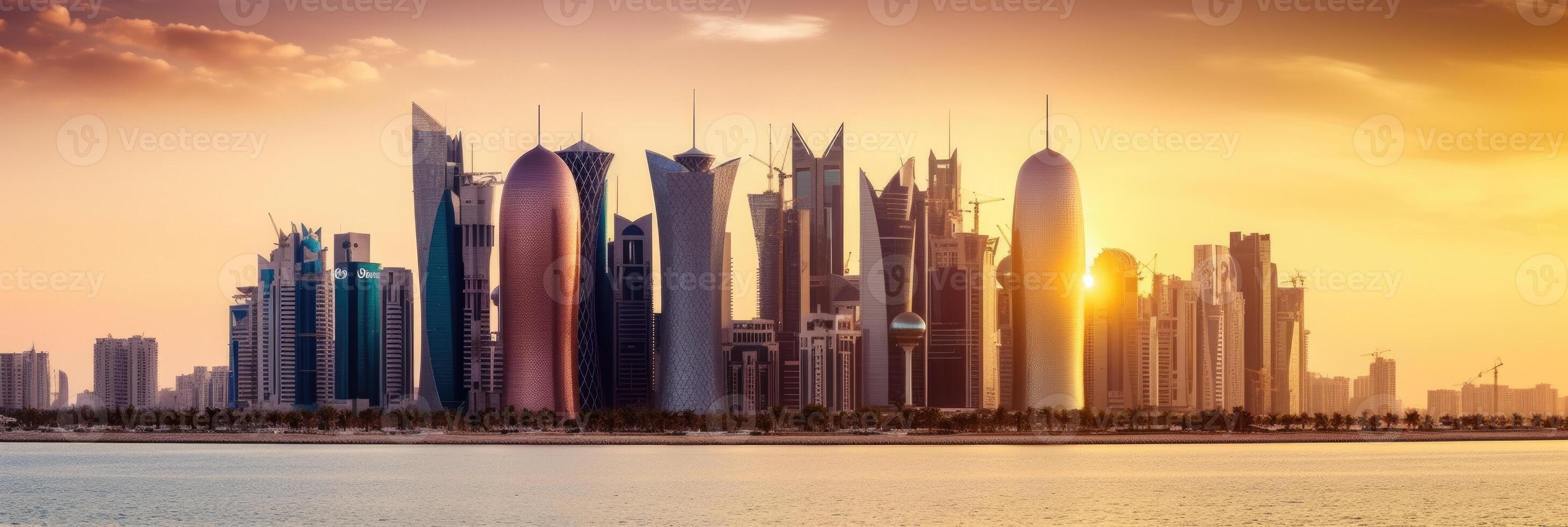 Amazing Panoramic View of Qatar Skyline During Sunset or Sunrise. Technology. photo