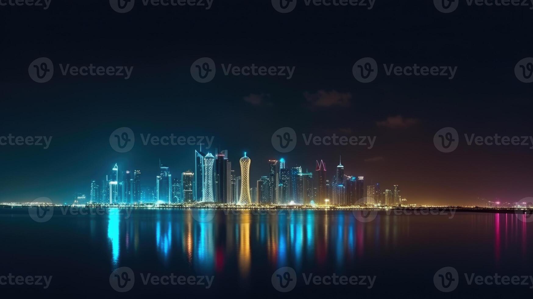 Amazing Panoramic View of Illuminated Qatar Skyline Reflecting in the Water During Night Time. Technology. photo