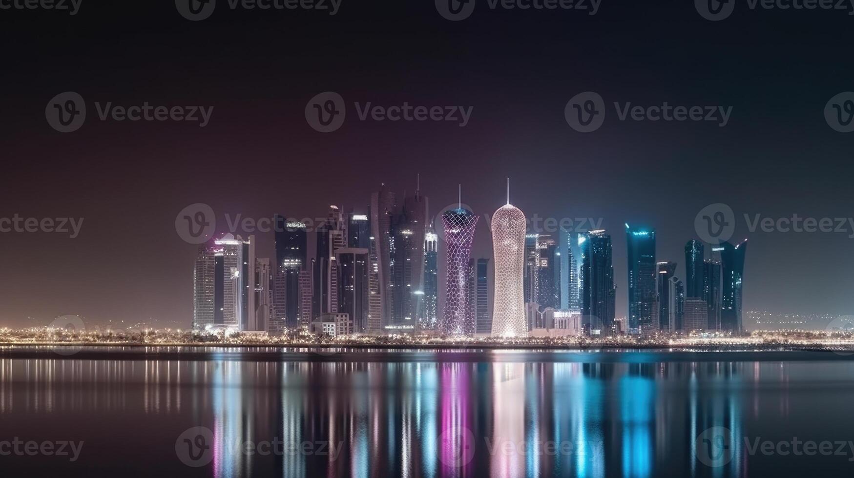 Amazing Panoramic View of Illuminated Qatar Skyline Reflecting in the Water During Night Time. Technology. photo