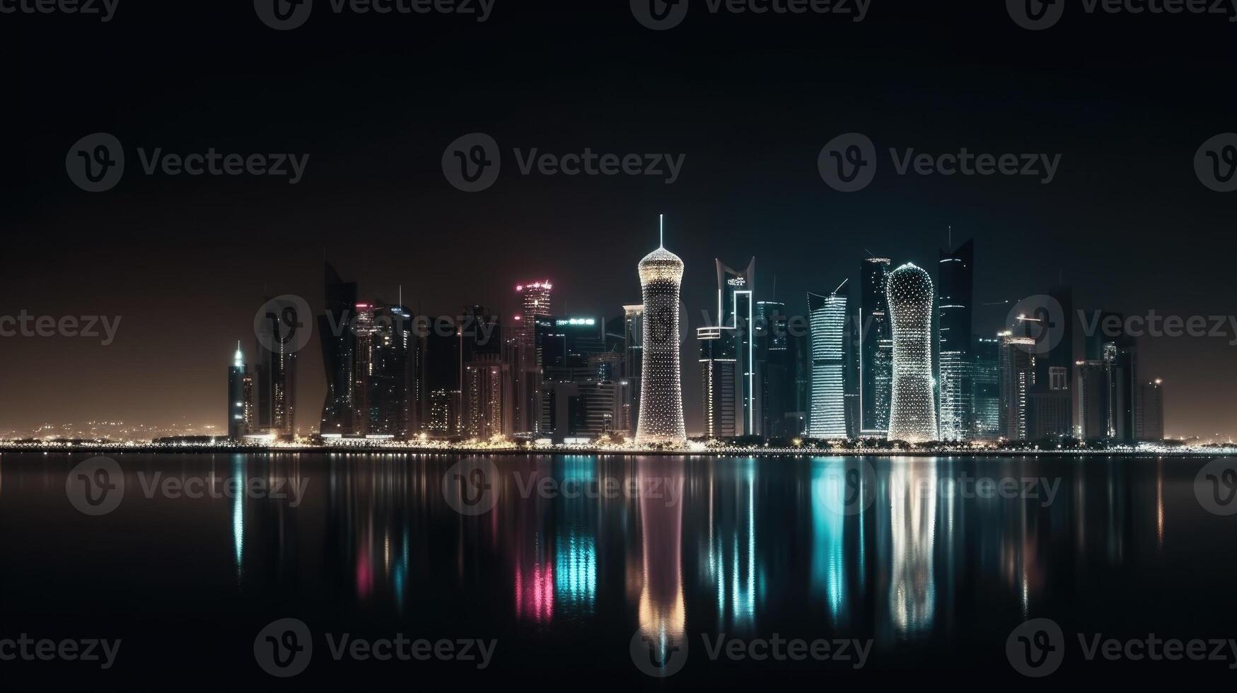 Amazing Panoramic View of Illuminated Qatar Skyline Reflecting in the Water During Night Time. Technology. photo