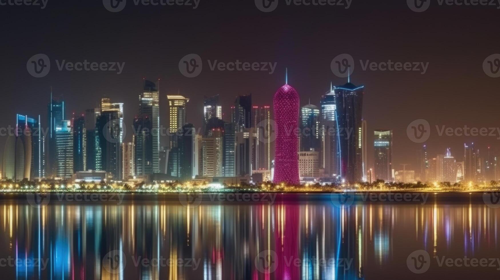 Amazing Panoramic View of Qatar Skyline Reflecting in the Water During Night Time. Technology. photo