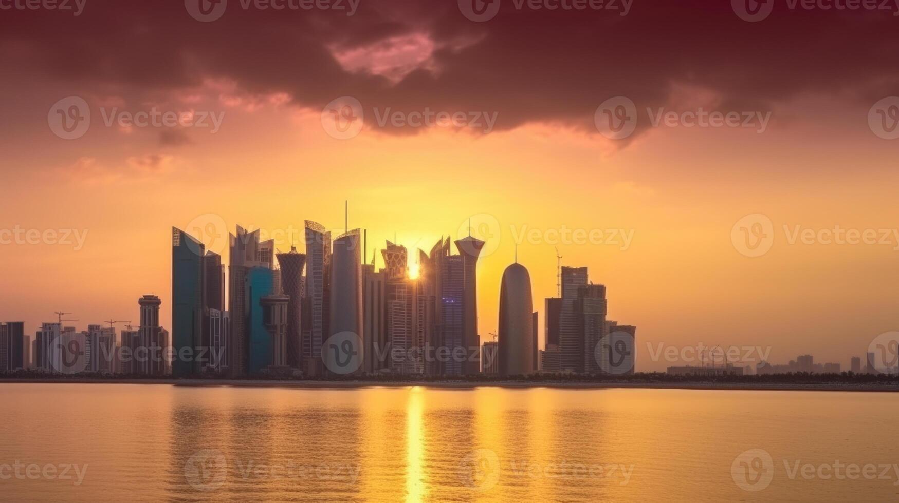 Amazing Panoramic View of Qatar Skyline at Sunset or Sunrise with Reflection on the Water. Technology. photo