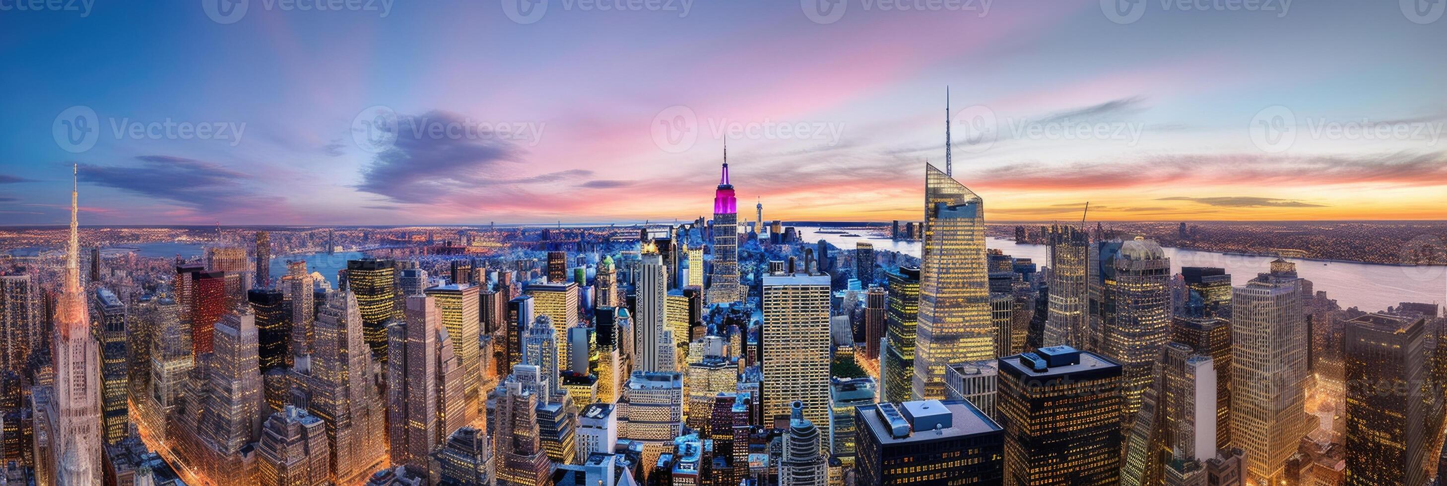 Amazing Panoramic View of Manhattan Skyline in New York City During Sunset or Sunrise