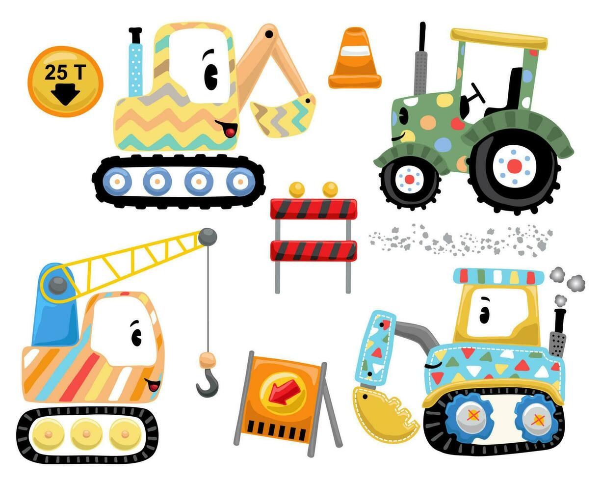 Hand drawn funny industrial vehicle in colorful ornaments with construction signs vector