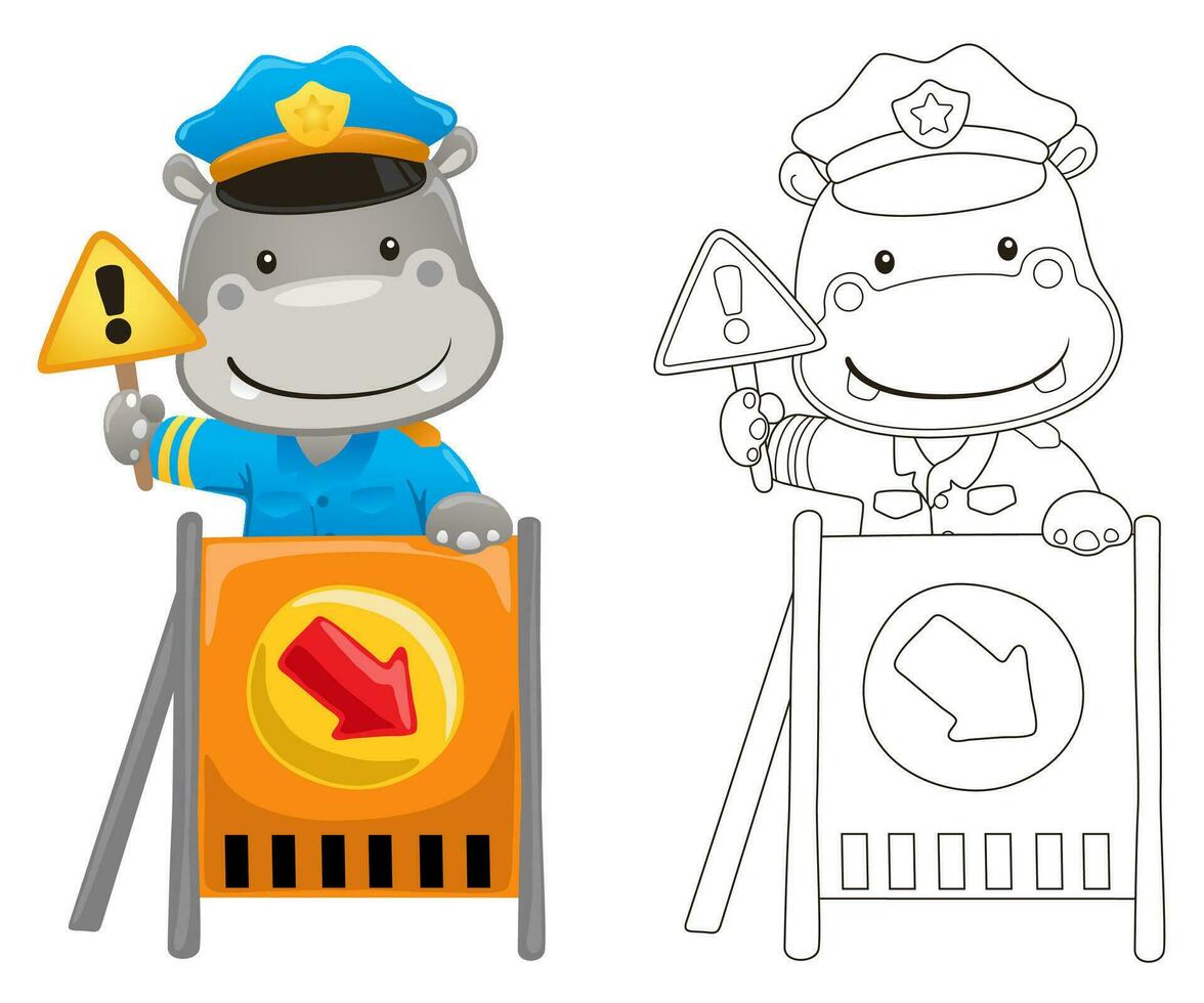 Vector illustration of cartoon hippo in police costume with traffic sign. Coloring book or page