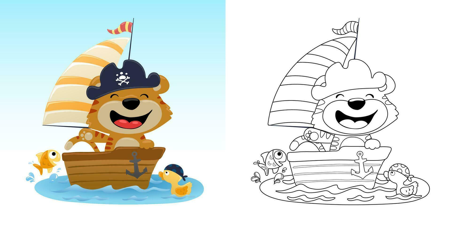 Vector illustration of cute pirate cat on sailboat, duck with fish in water. Coloring book or page