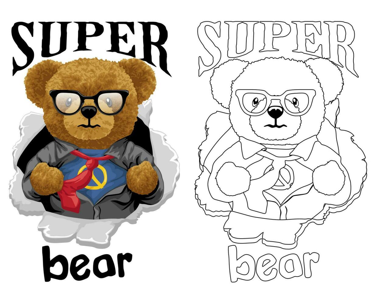 Hand drawn vector illustration of teddy bear superhero ripping shirt. Coloring book or page