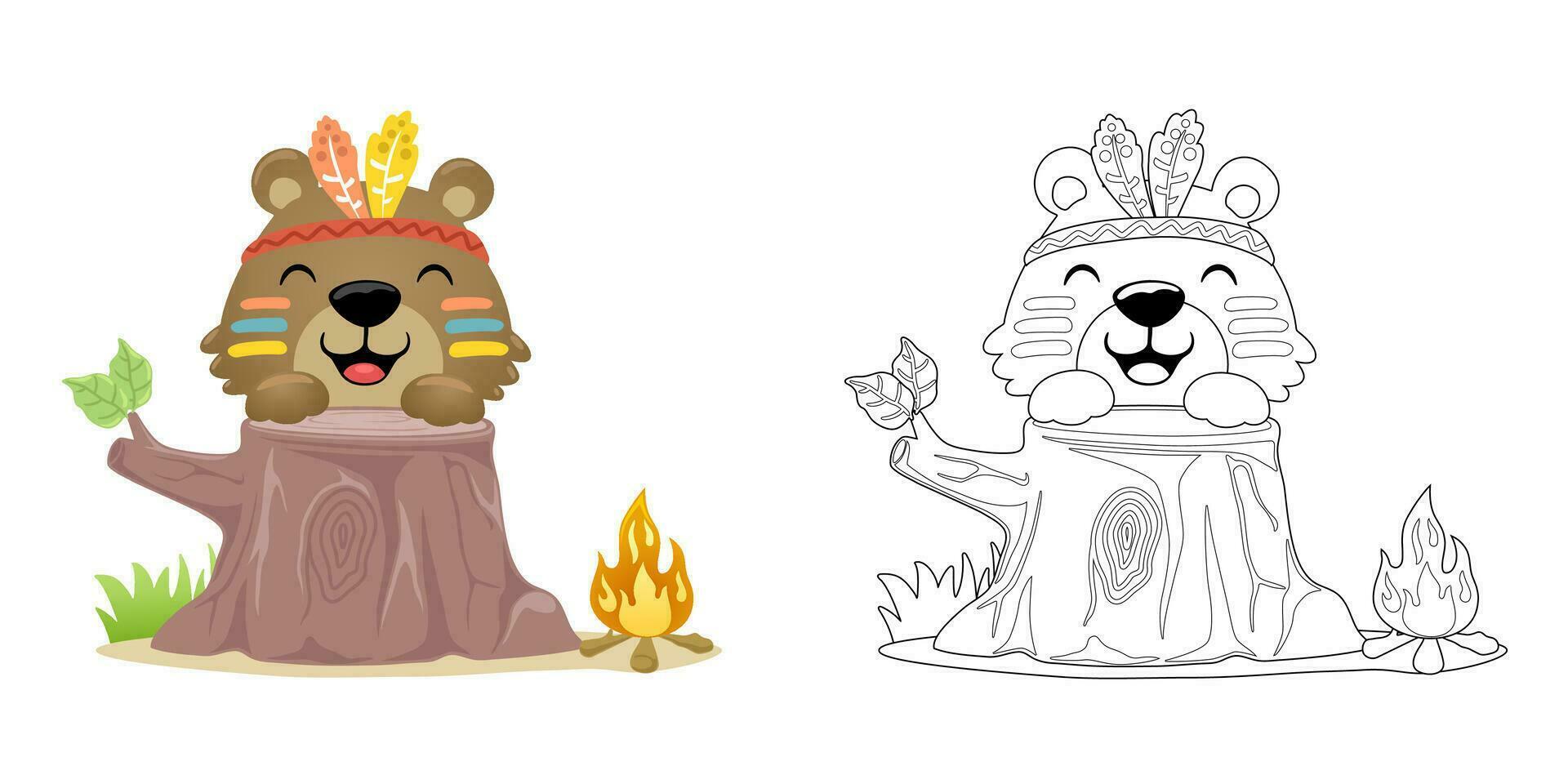 Vector cartoon bear wearing feather headdress in tree stump with bonfire. Coloring book or page
