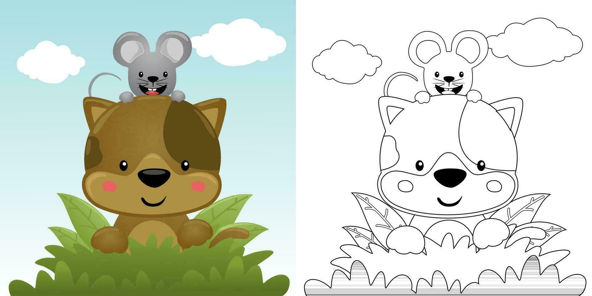 vector ilustración de dibujos animados gato con ratón en arbustos colorante libro o página para niños