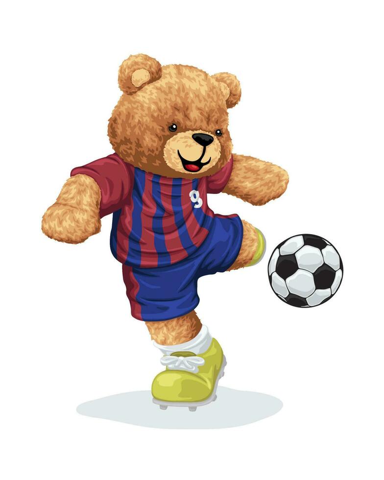 Hand drawn vector illustration of teddy bear kicking soccer ball