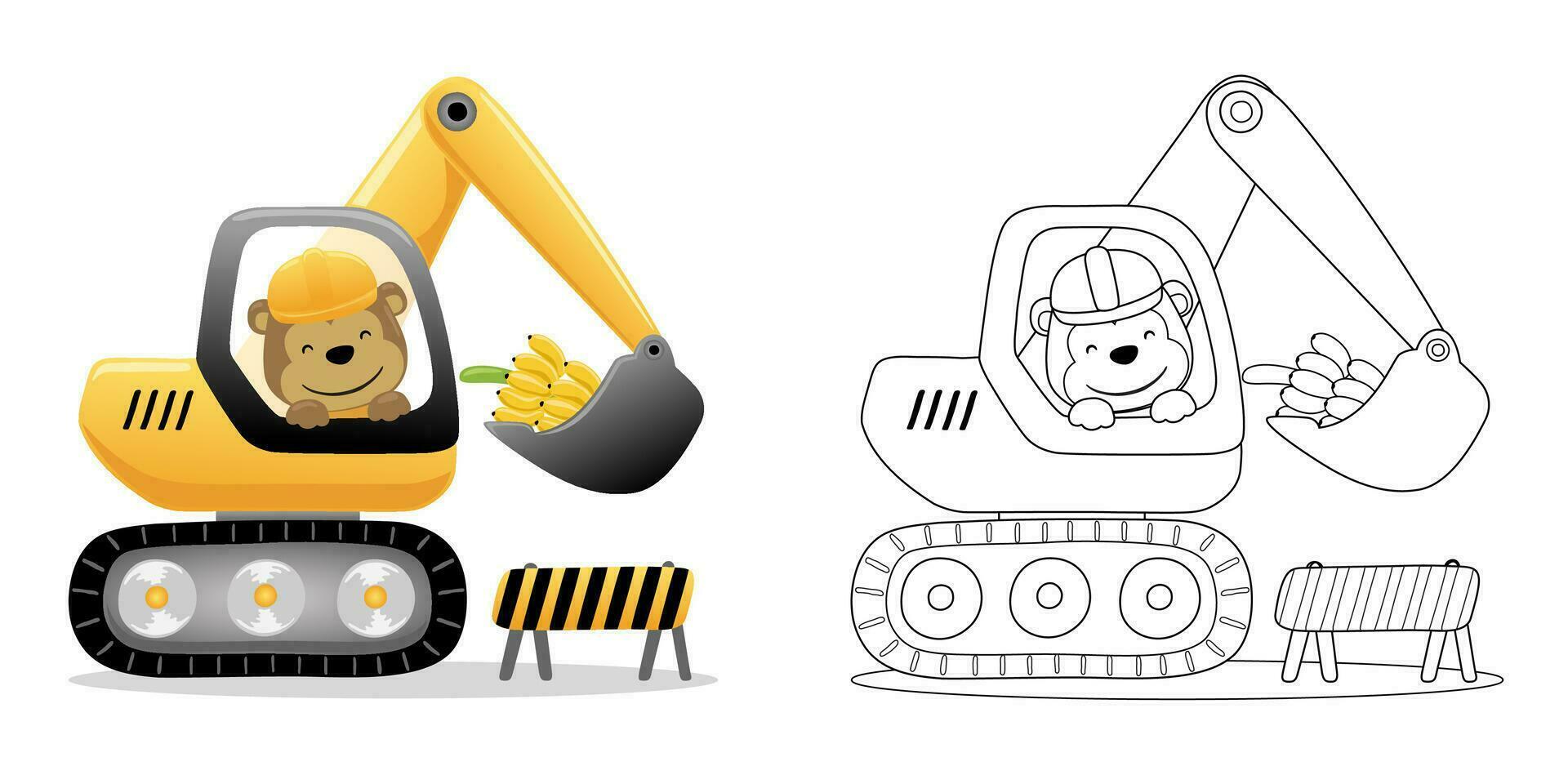 Vector illustration of cartoon cute monkey on excavator with banana. Coloring book or page