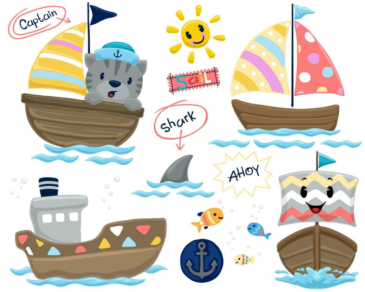 conjunto de mano dibujado barco dibujos animados con vistoso adornos, gracioso gato en vela bote, marina animales vector