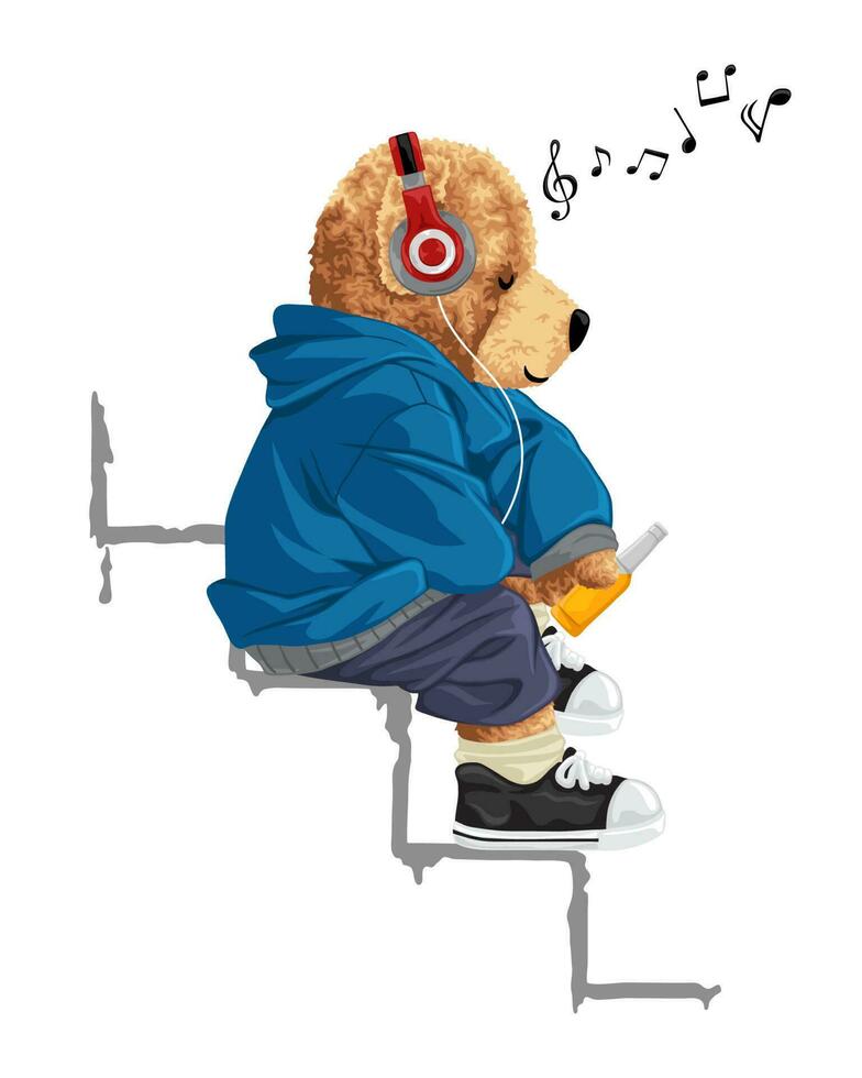 Hand drawn vector illustration of teddy bear enjoy music with headphone while holding soft  drink