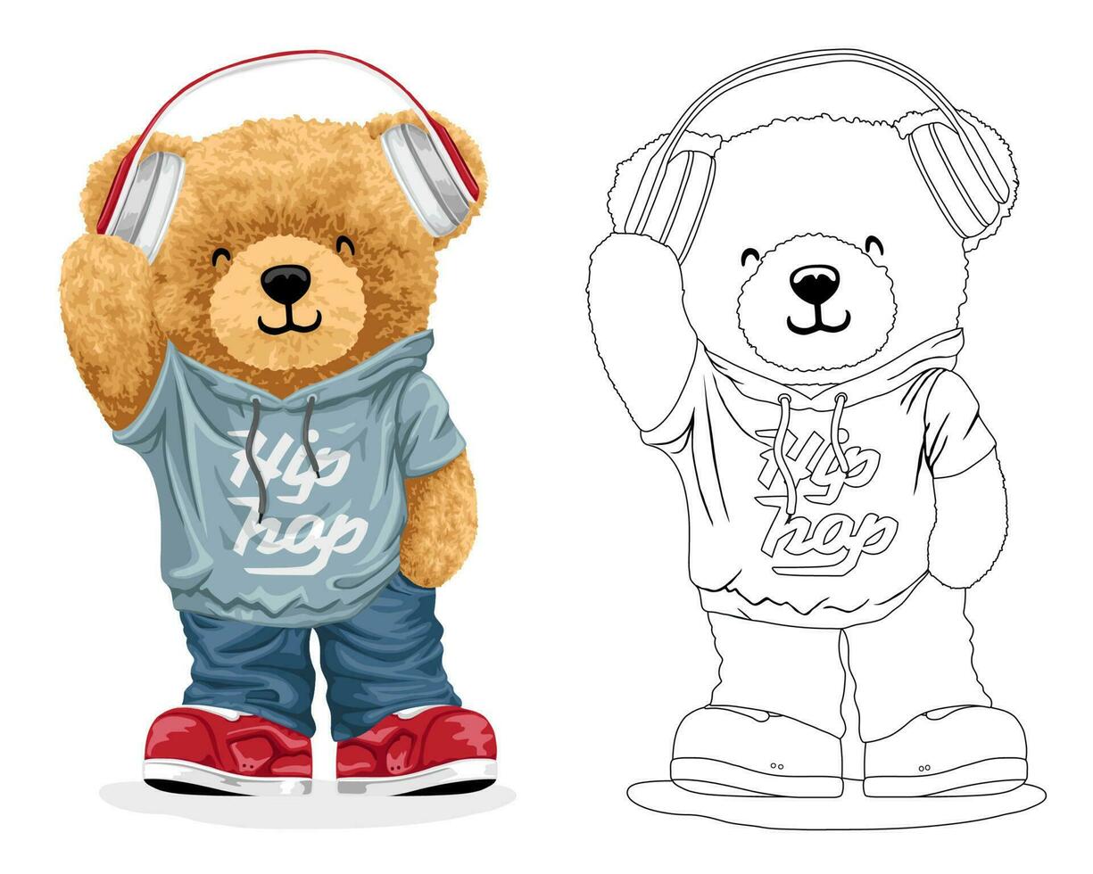 Hand drawn vector illustration of teddy bear in hip hop style with headphones. Coloring book or page