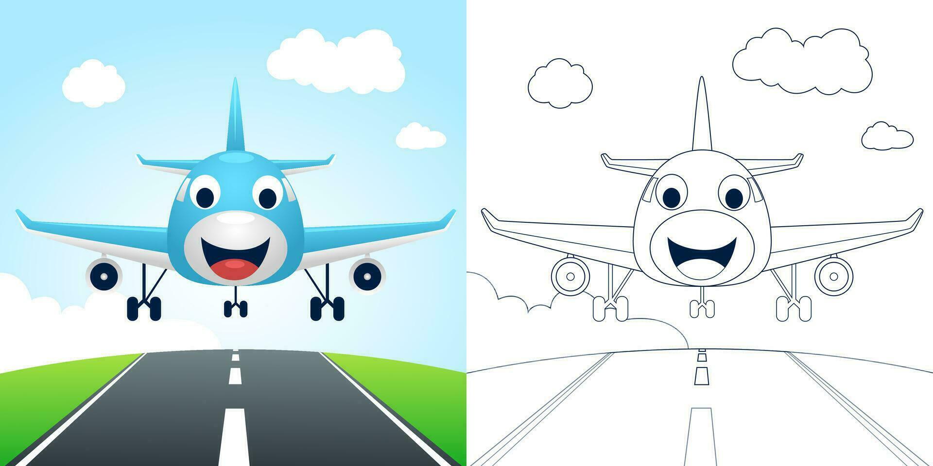 Vector illustration of cartoon funny airplane in landing. Coloring book or page for kids