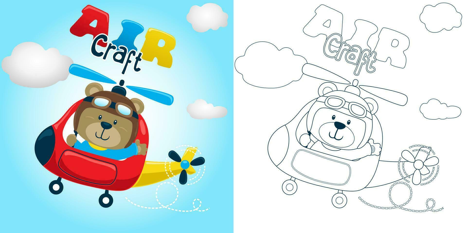 Vector illustration of cartoon funny bear on helicopter. Coloring book or page for kids