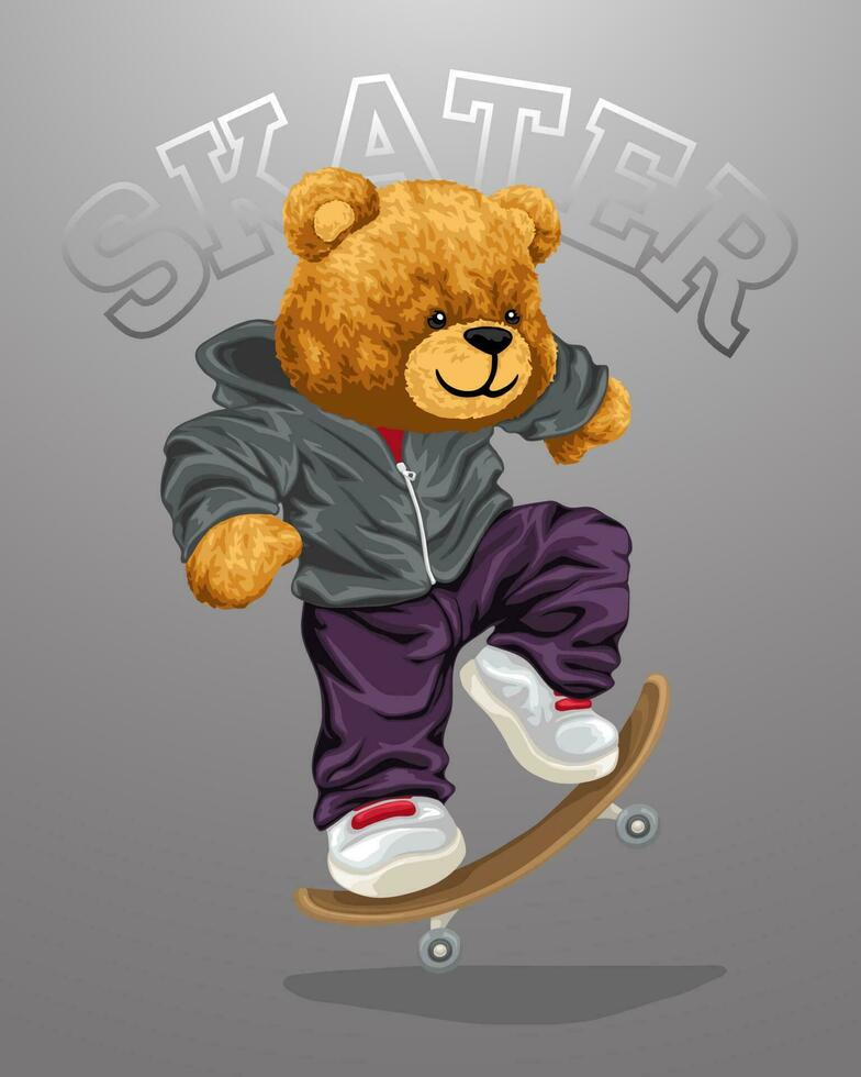 mano dibujado vector ilustración de osito de peluche oso jugando patineta