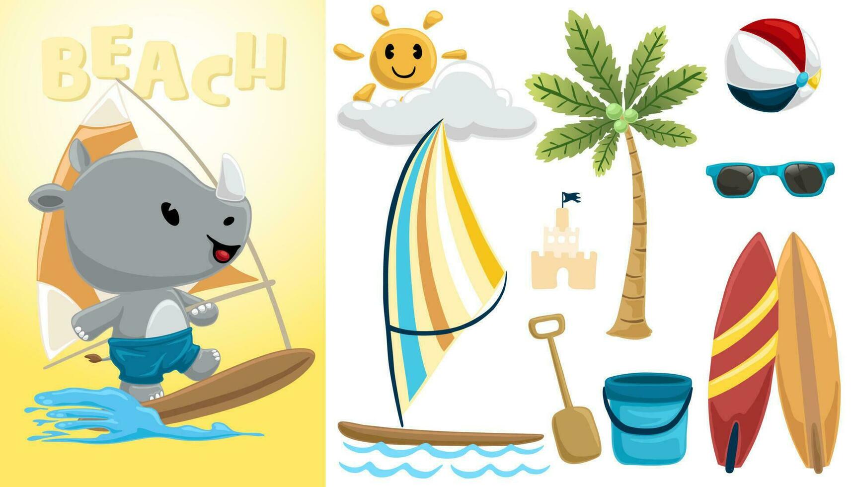 Cute rhino windsurfer cartoon, hand drawn vector illustration with summer beach vacation elements