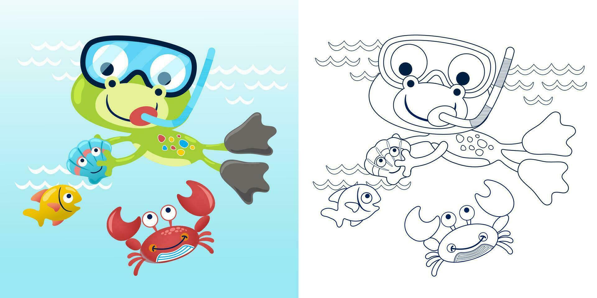 Vector illustration of cartoon cute frog diving with marine animals. Coloring book or page