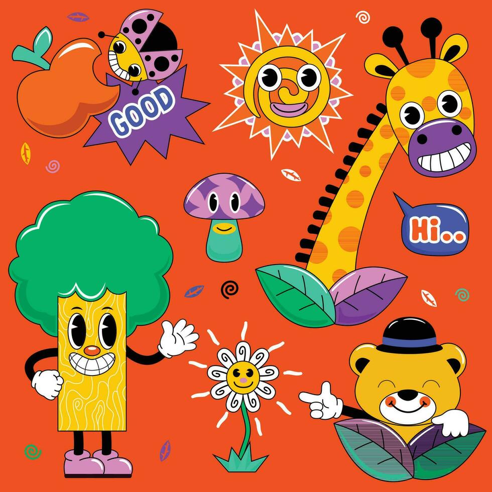 hand drawn trendy cartoon element illustration with funny animals and plants vector
