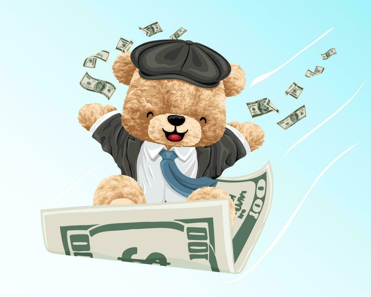 Hand drawn vector illustration of teddy bear in suit fly on money