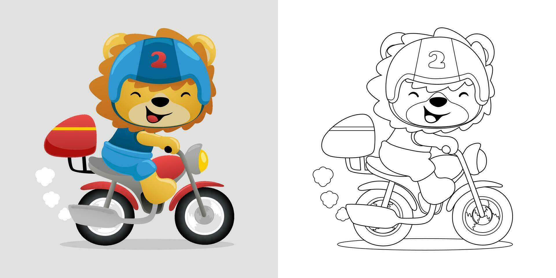 Vector illustration of cartoon lion riding motorcycle. Coloring book or page for kids