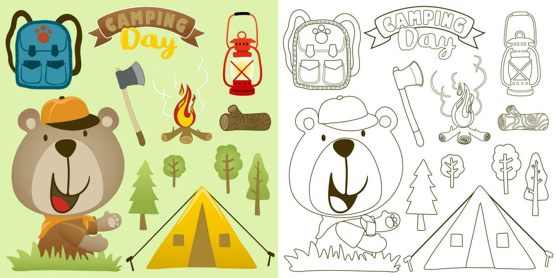 vector ilustración de dibujos animados oso en explorar uniforme con cámping elementos. colorante libro o página