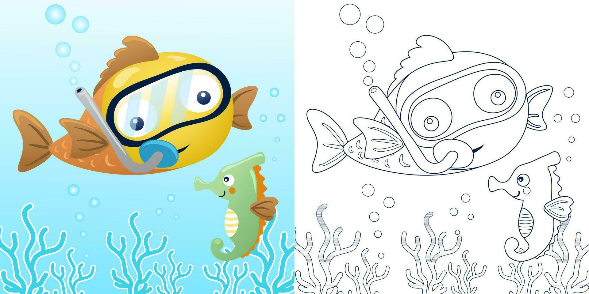 Vector illustration of cartoon fish wearing diving goggles with seahorse. Coloring book or page