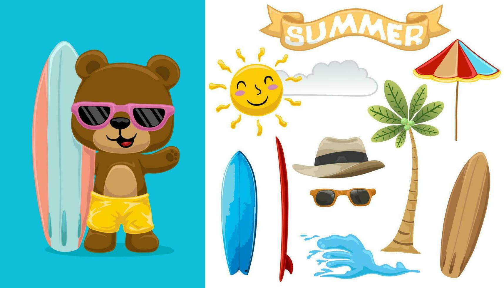Cute bear surfer cartoon with summer beach elements, hand drawn vector illustration