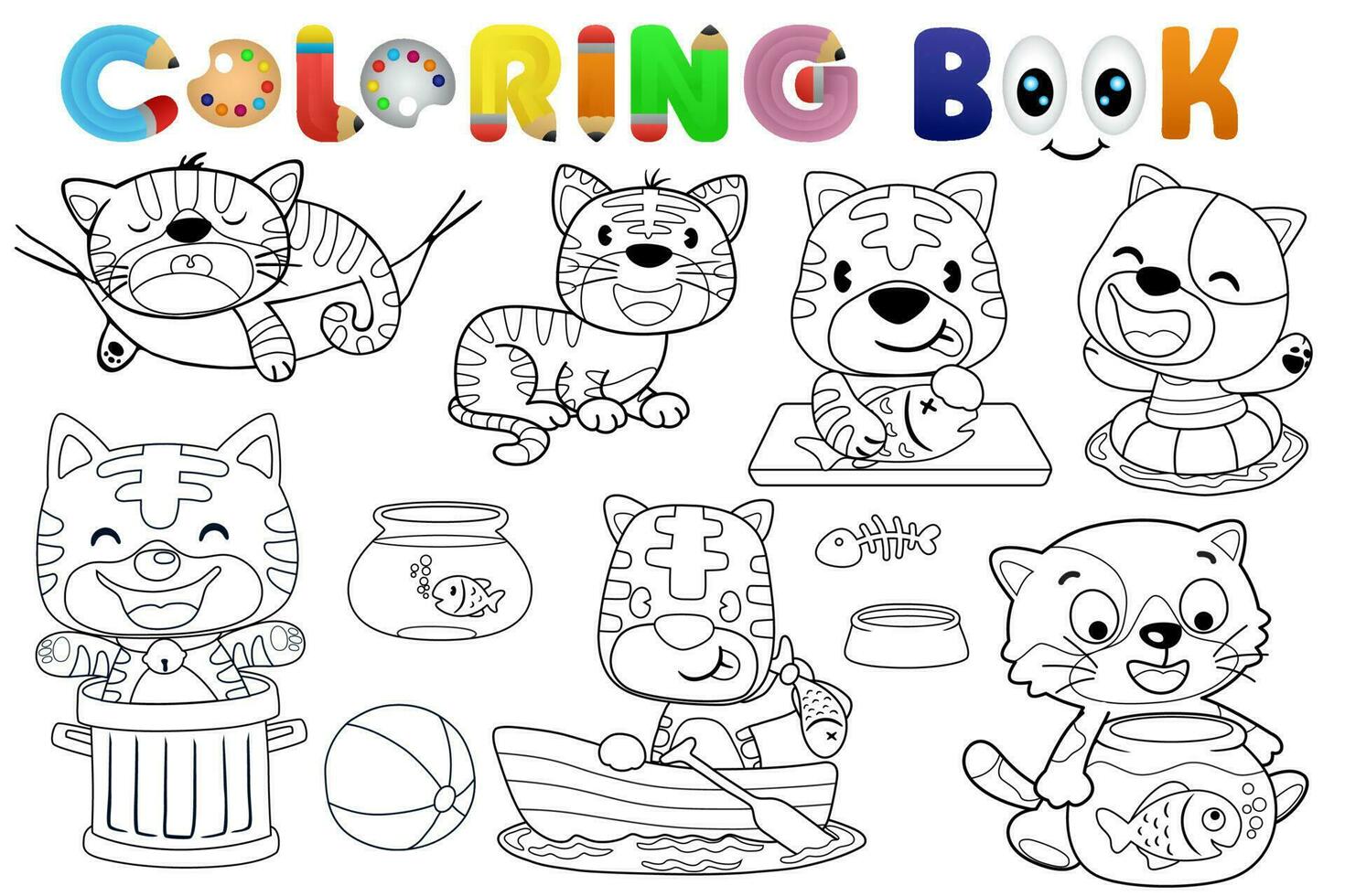 Coloring book with group of funny cat cartoon in different activity vector