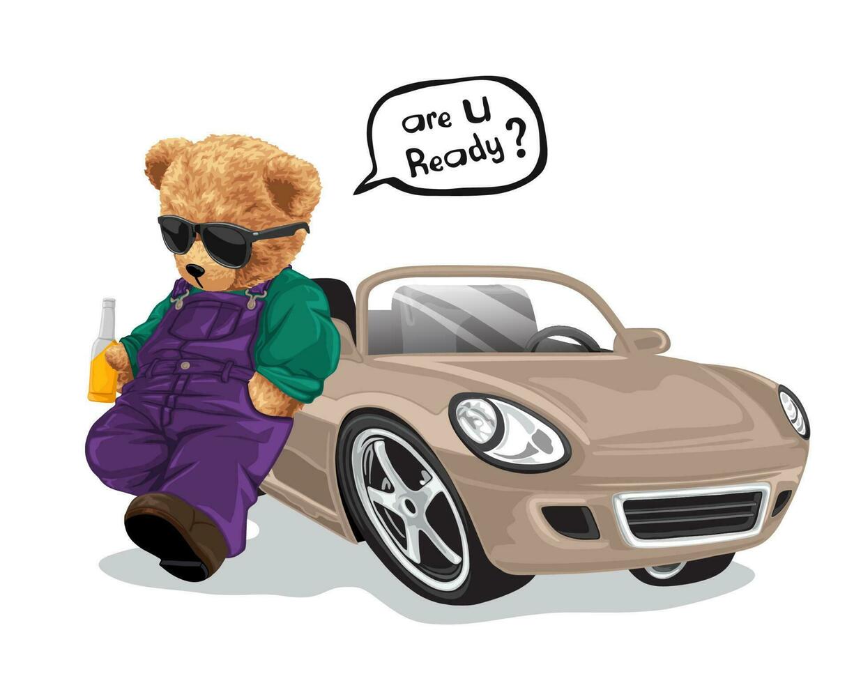 Hand drawn of teddy bear cartoon stylish leaning on car while holding soft drink bottle vector