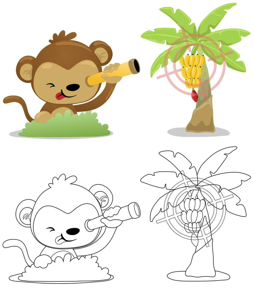 Vector illustration of cartoon monkey with binoculars looking at banana tree. Coloring book or page