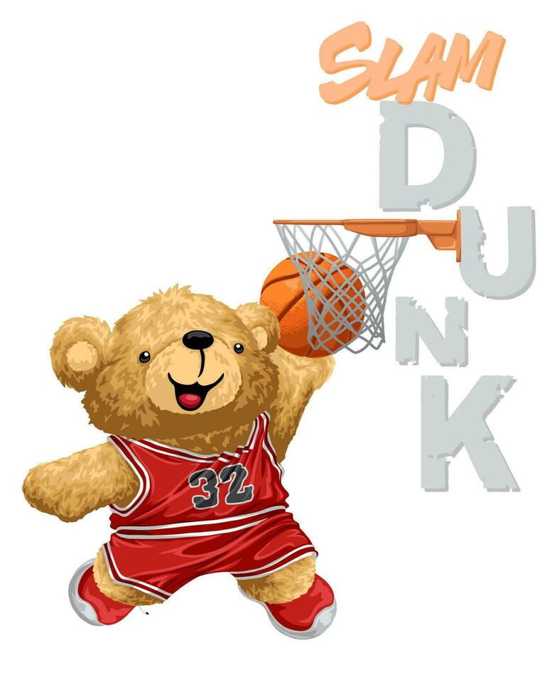Hand drawn vector illustration of teddy bear playing basketball