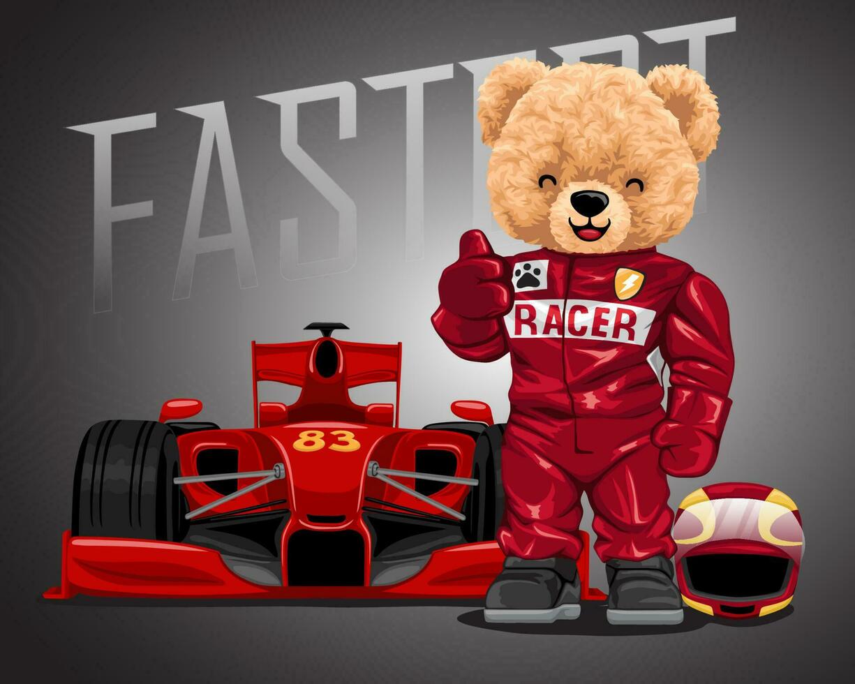 Hand drawn vector illustration of teddy bear in racer costume with racing car