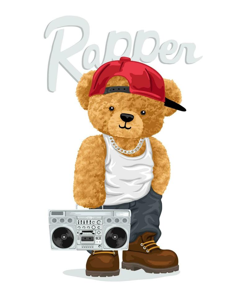 Hand drawn vector illustration of teddy bear in rapper style with vintage tape recorder