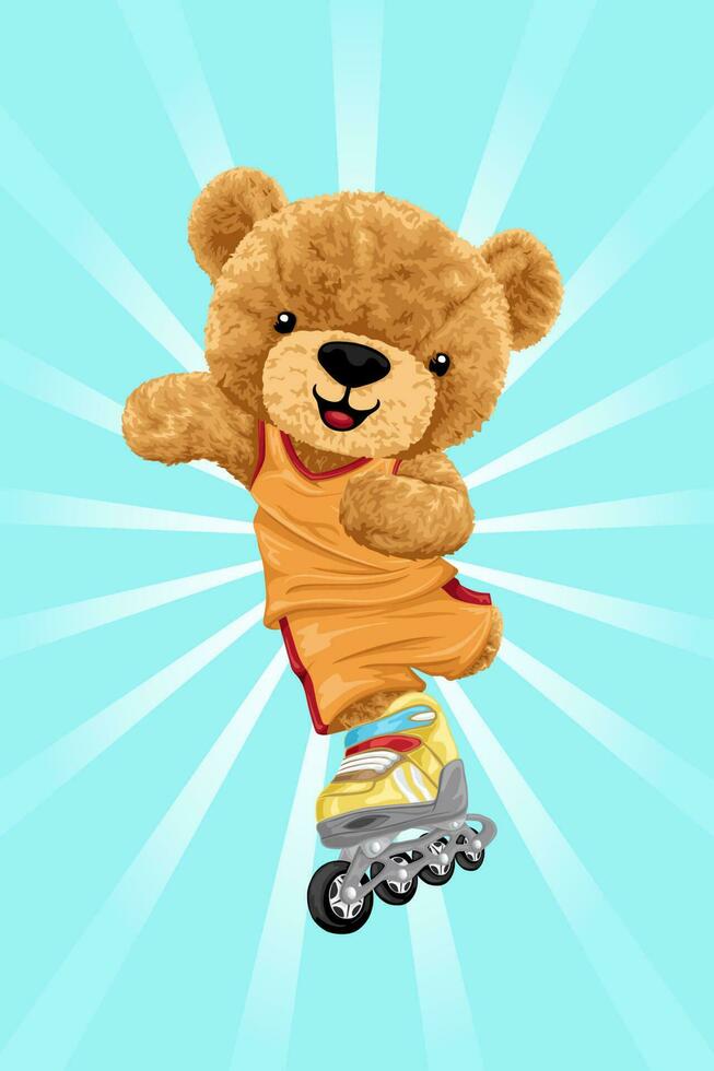 Hand drawn teddy bear cartoon playing roller skate vector