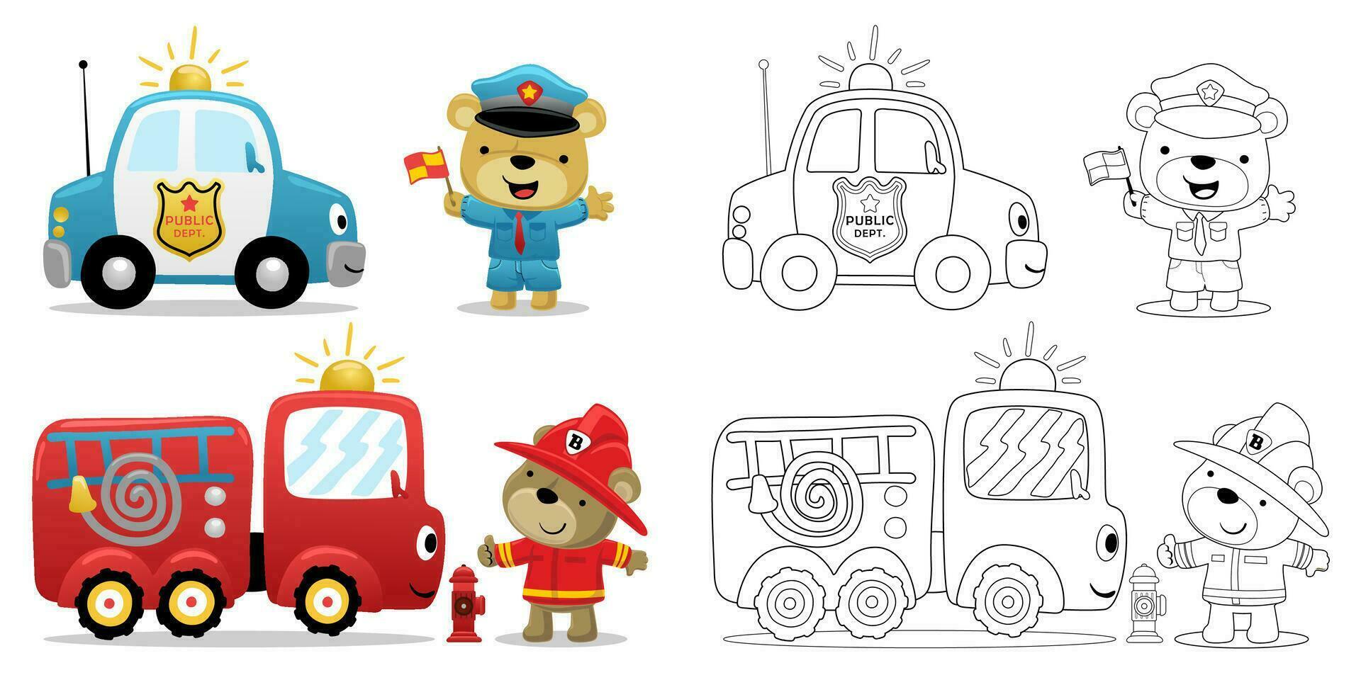 Vector illustration of cute bear in police and fireman costume with rescue vehicles. Coloring book or page