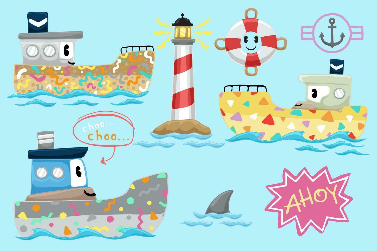 Set of hand drawn funny boats with colorful ornaments, sailing elements vector illustration