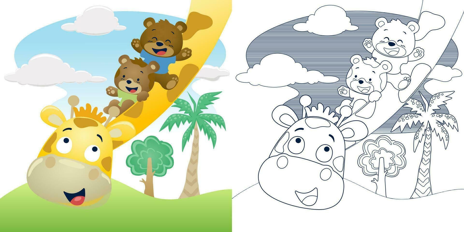vector ilustración dibujos animados de oso y gato corredizo en jirafas cuello en bosque. colorante libro o página
