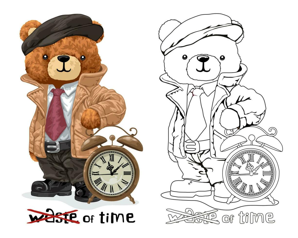 Hand drawn vector illustration of teddy bear in suit with classic clock. Coloring book or page
