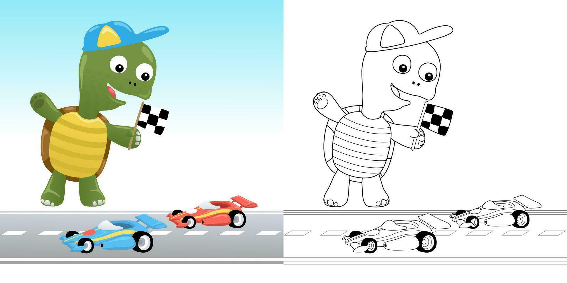 Vector illustration of cartoon turtle holding checkered flag in toy car racing. Coloring book or page for kids