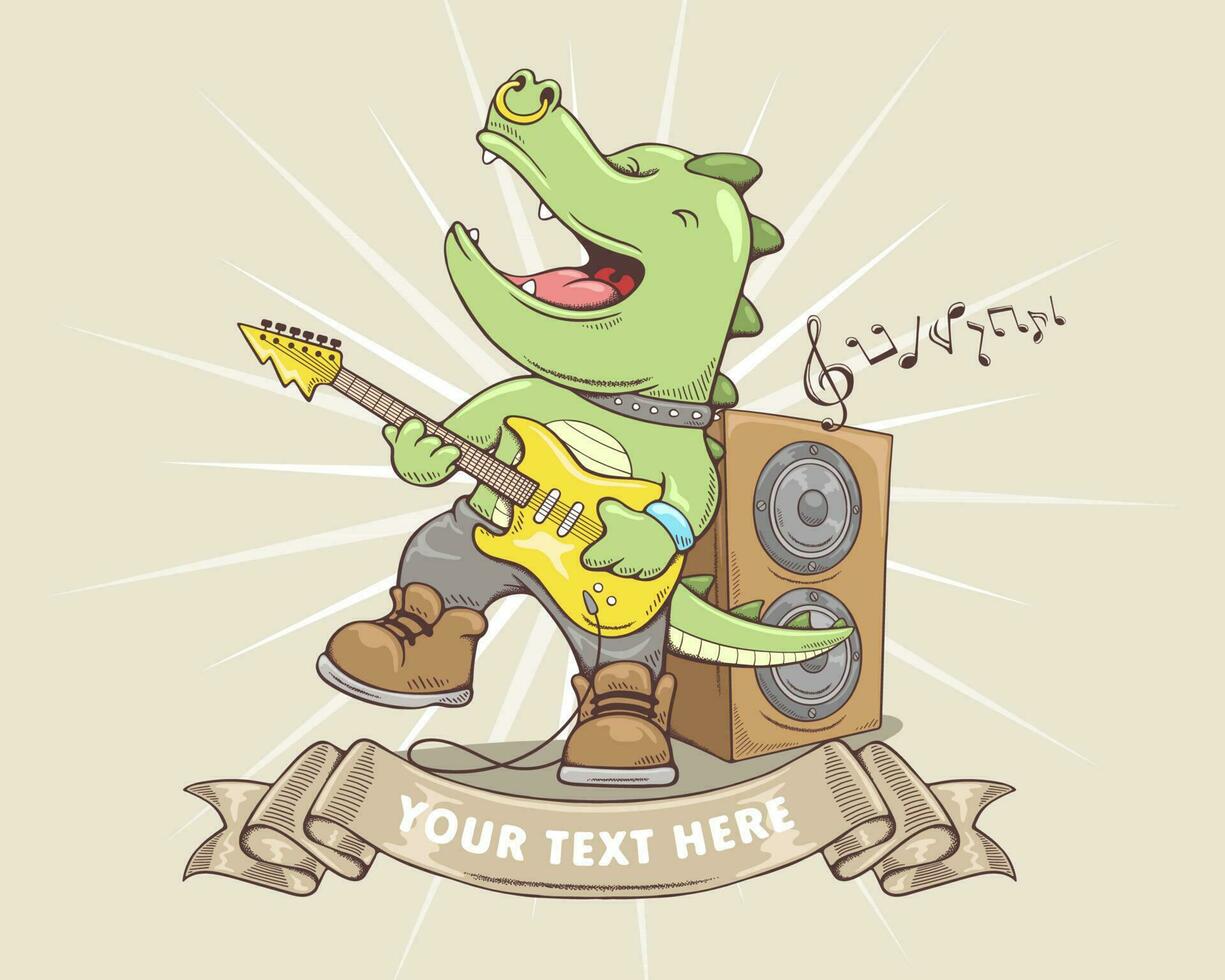 Vector illustration in hand drawn style, funny dinosaur playing electric guitar, musical elements