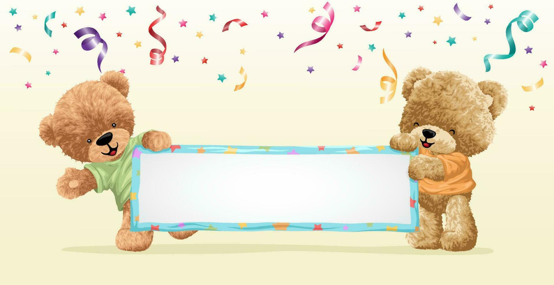 Hand drawn two cute teddy bear cartoon holding blank banner vector